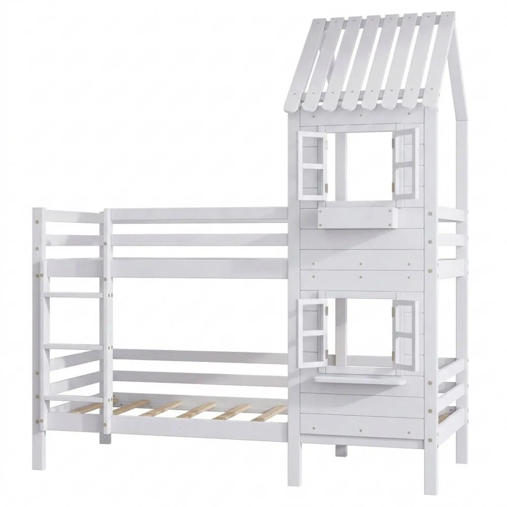 Kinderhausbett mit Rausfallschutz und Handlauf, Holzrahmen 90x200cm, Weiß