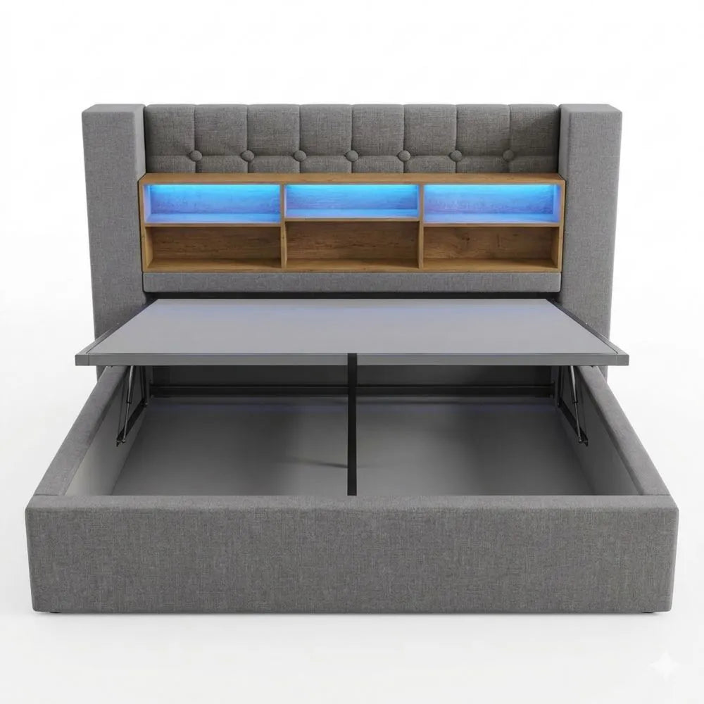 Polsterbett 140x200cm mit LED-Beleuchtung und Stauraum, Leinenstoff, Grau