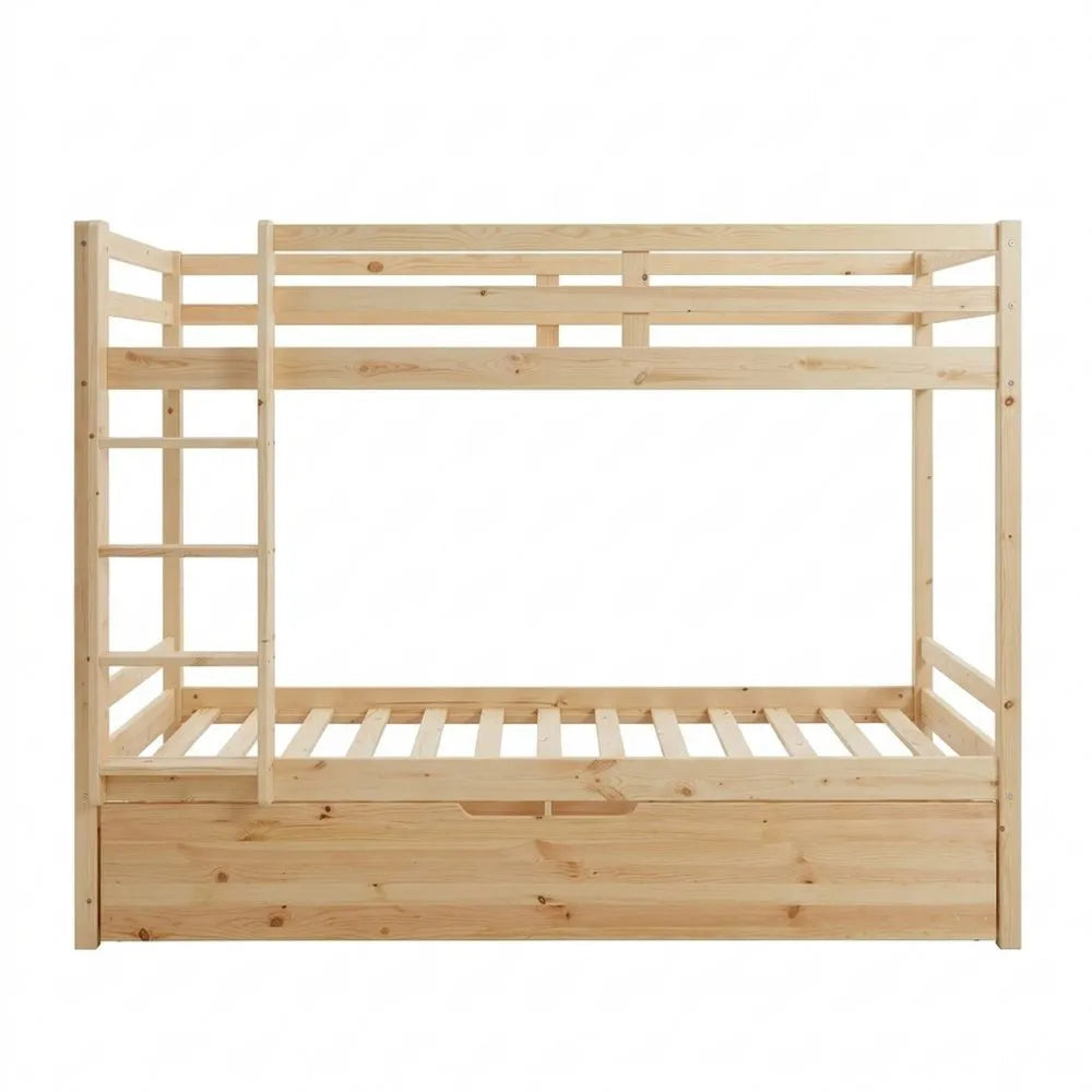 Kiefer Massivholz-Etagenbett mit Treppe und Ausziehbett 90 x 200