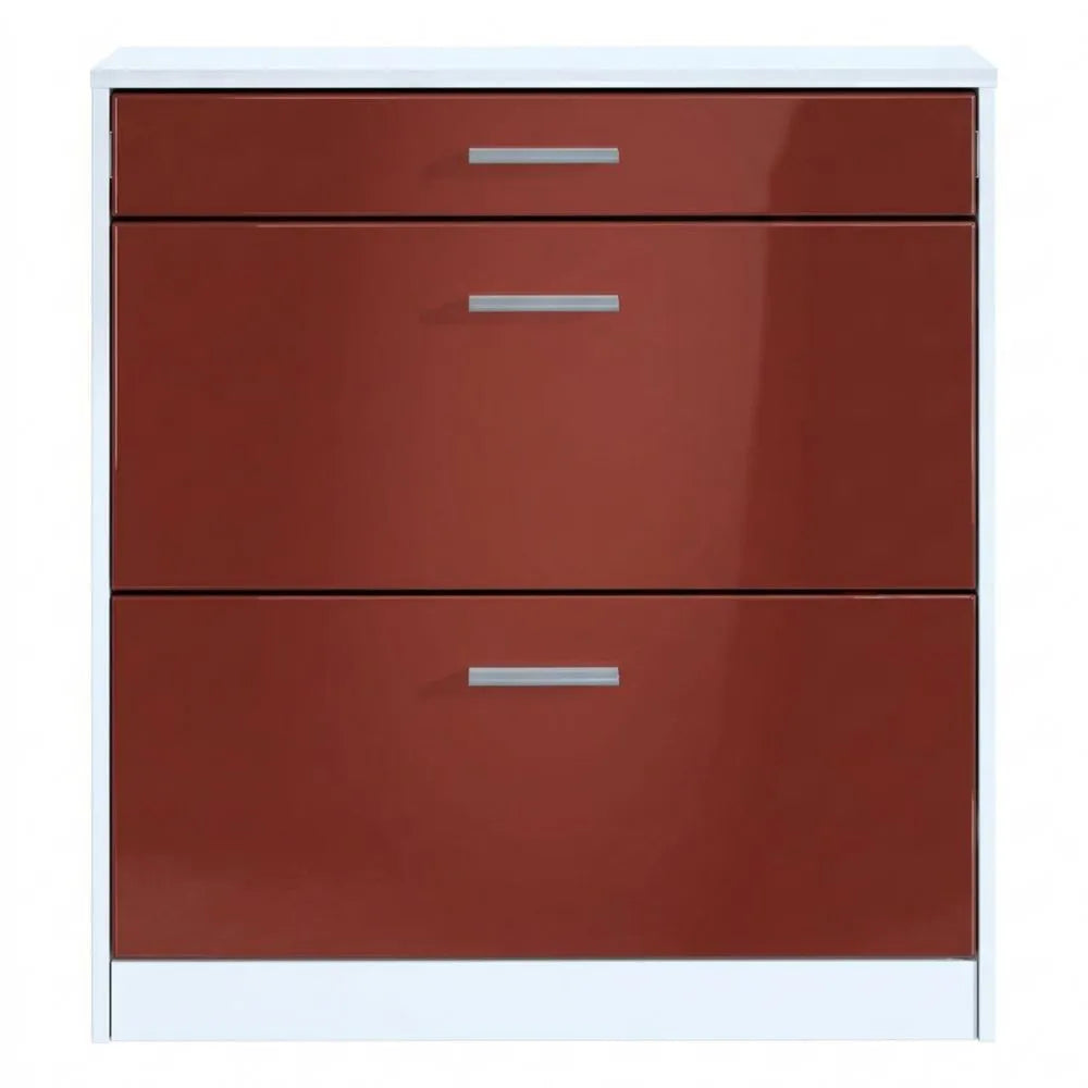 Platzsparender Schuhschrank mit Klappen und Schublade, Weiß/Bordeaux Hochglanz